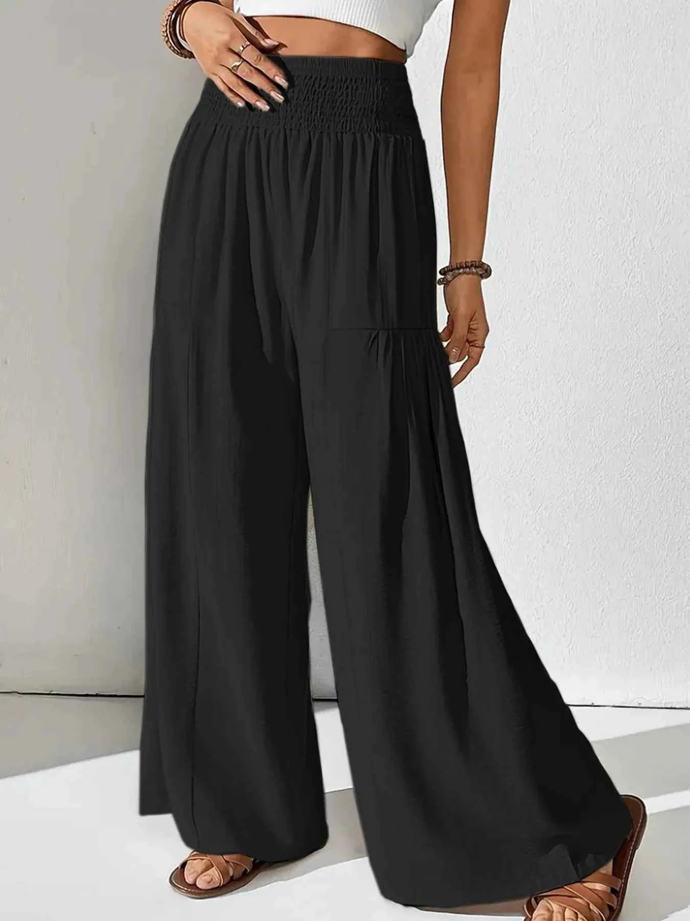 Smocked Waist Wide Leg Pants Black de1e6c1cbdcc49458b2d37bb1b185278-Max-Origin