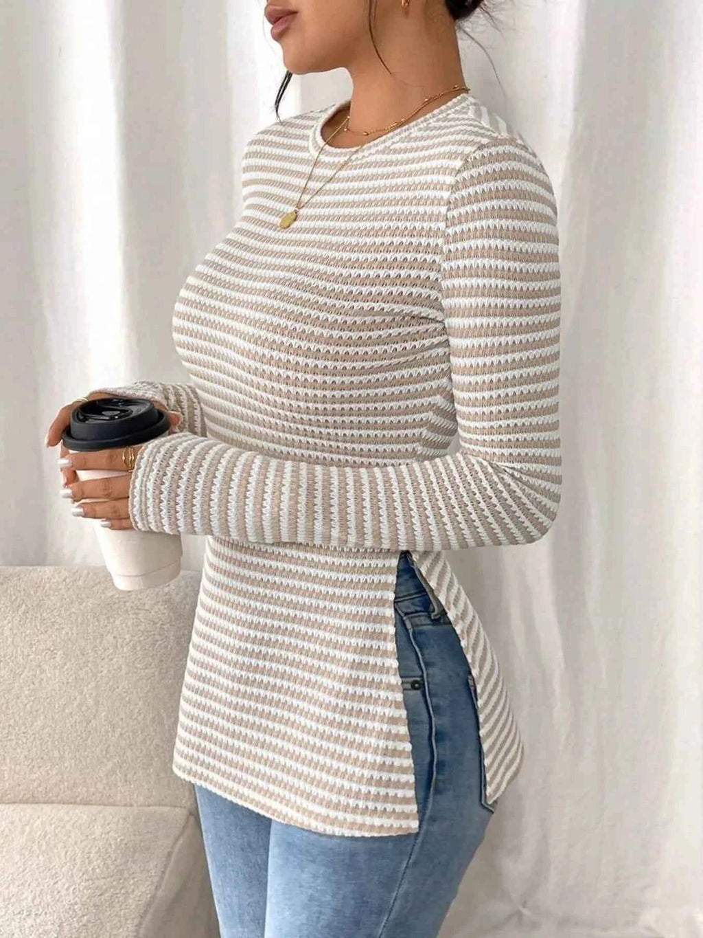 Side Slit Striped Long Sleeve T-Shirt de280c58c09a41d2b6de10134e6fab92-Max-Origin