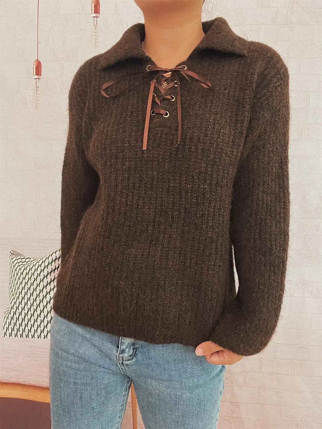 Lace Up Long Sleeve Sweater Brown One Size de404a2231644bb7875eb3d750450358-Max-Origin