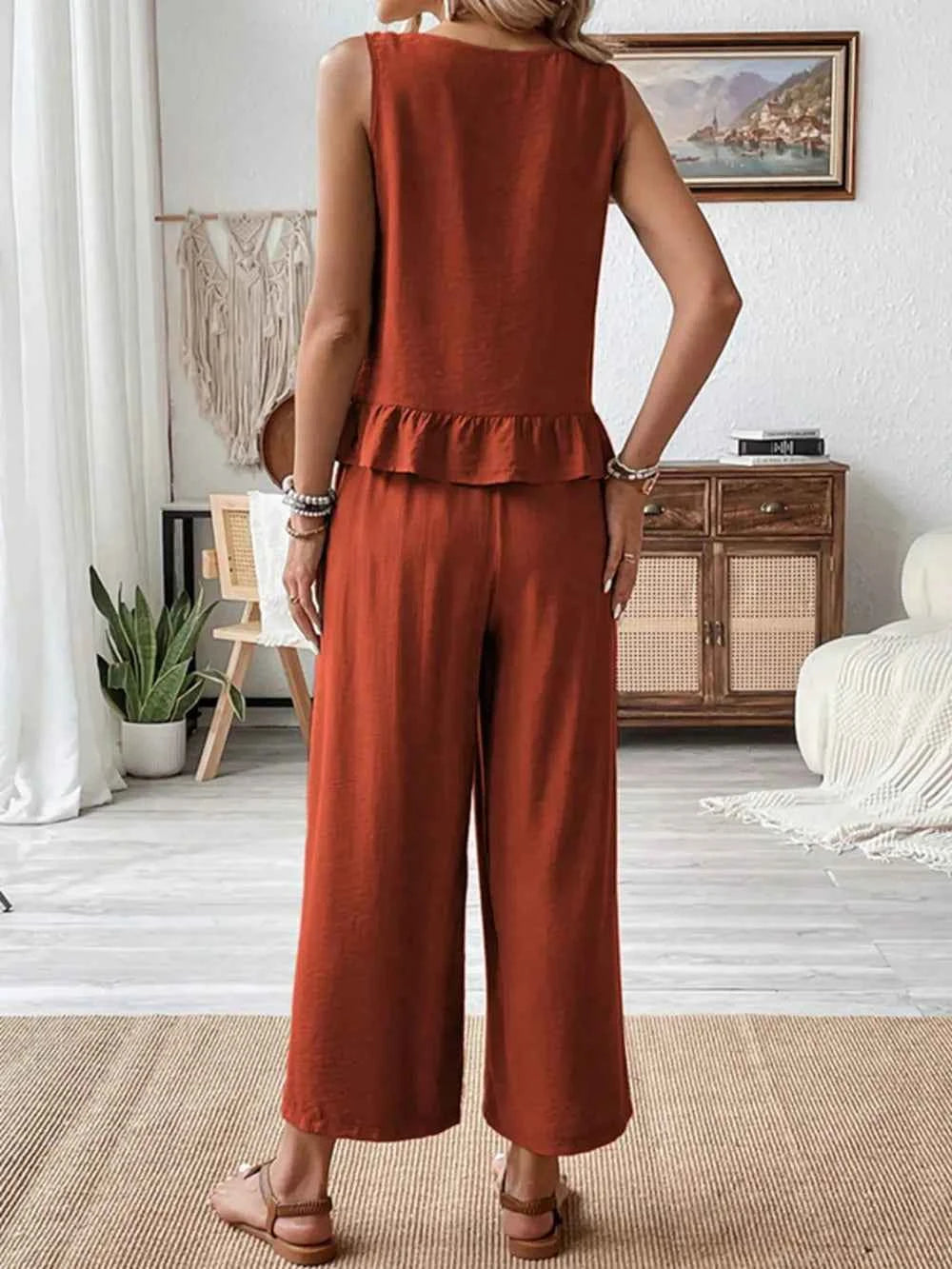 Ruffled Round Neck Top and Wide Leg Pants Set de54dc8a-a480-4b23-8ee7-cc513599c029-Max