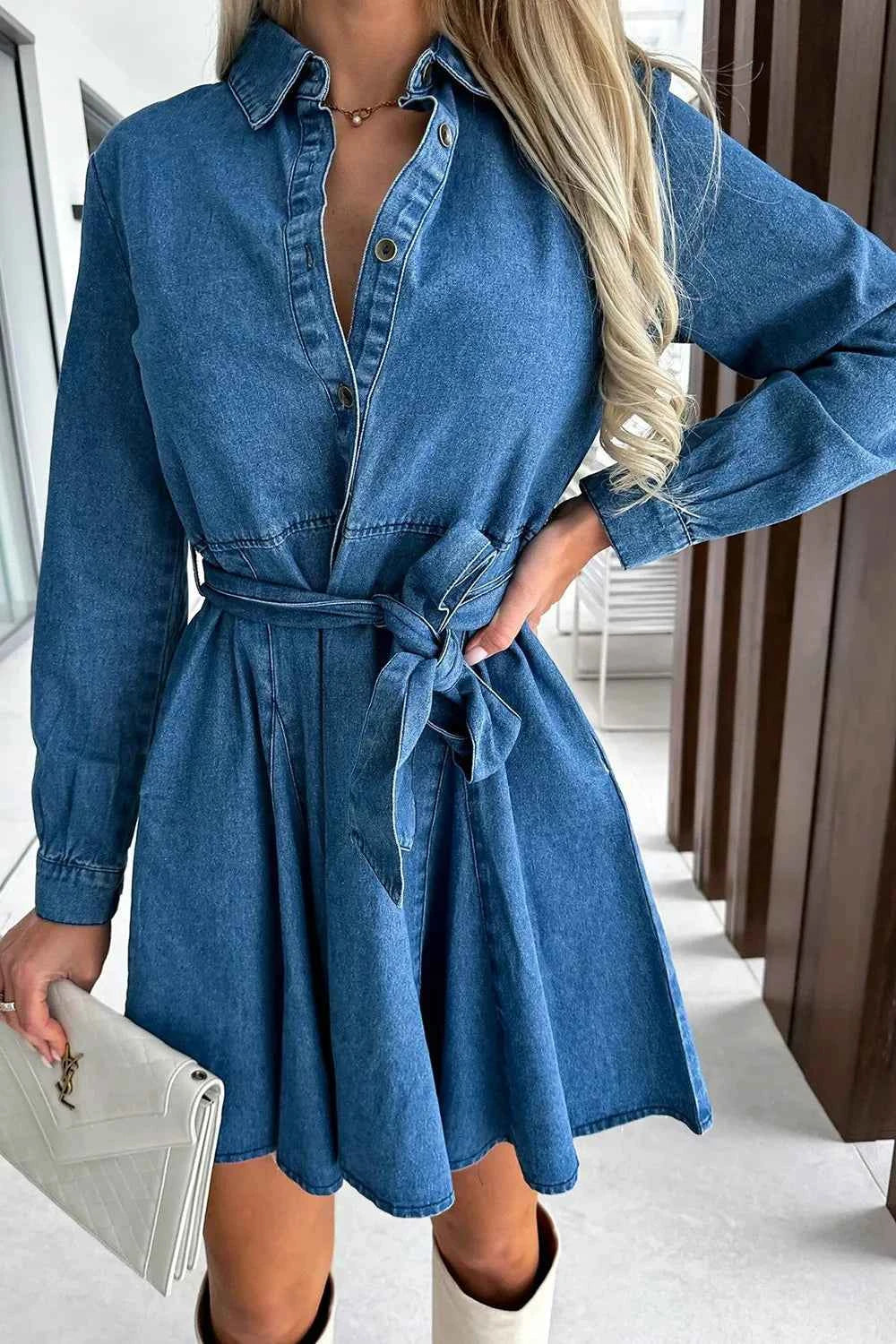 Tied Half Button Long Sleeve Denim Dress de6a1939-df50-4e8d-acb3-83d55549b48c-Max