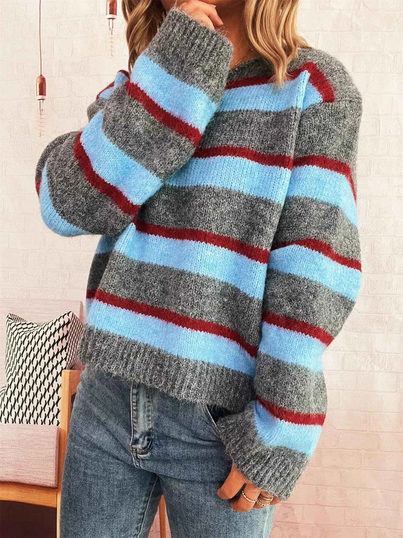Striped Round Neck Long Sleeve Sweater Gray One Size de6db5490f5846d0952ecb6940ad67f1-Max-Origin