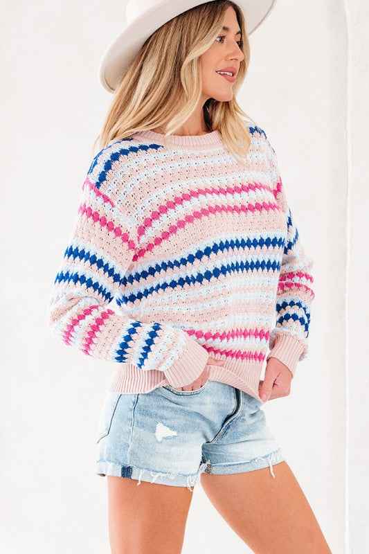 Stripe Eyelet Knit Drop Shoulder Sweater