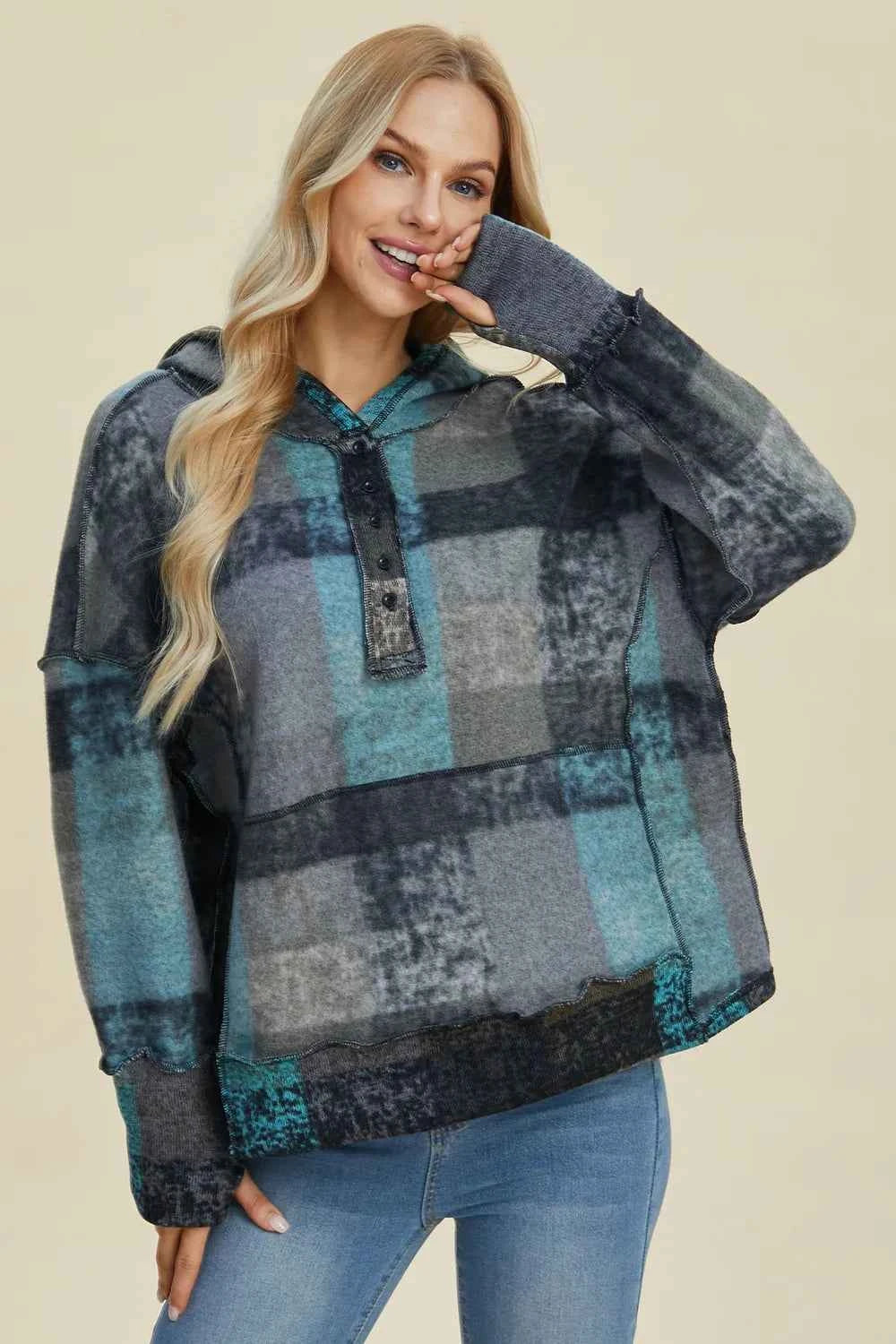 Double Take Full Size Plaid Dropped Shoulder Fleece Hoodie de74b384-7be0-49a7-8263-b1c5bdac36fe-Max