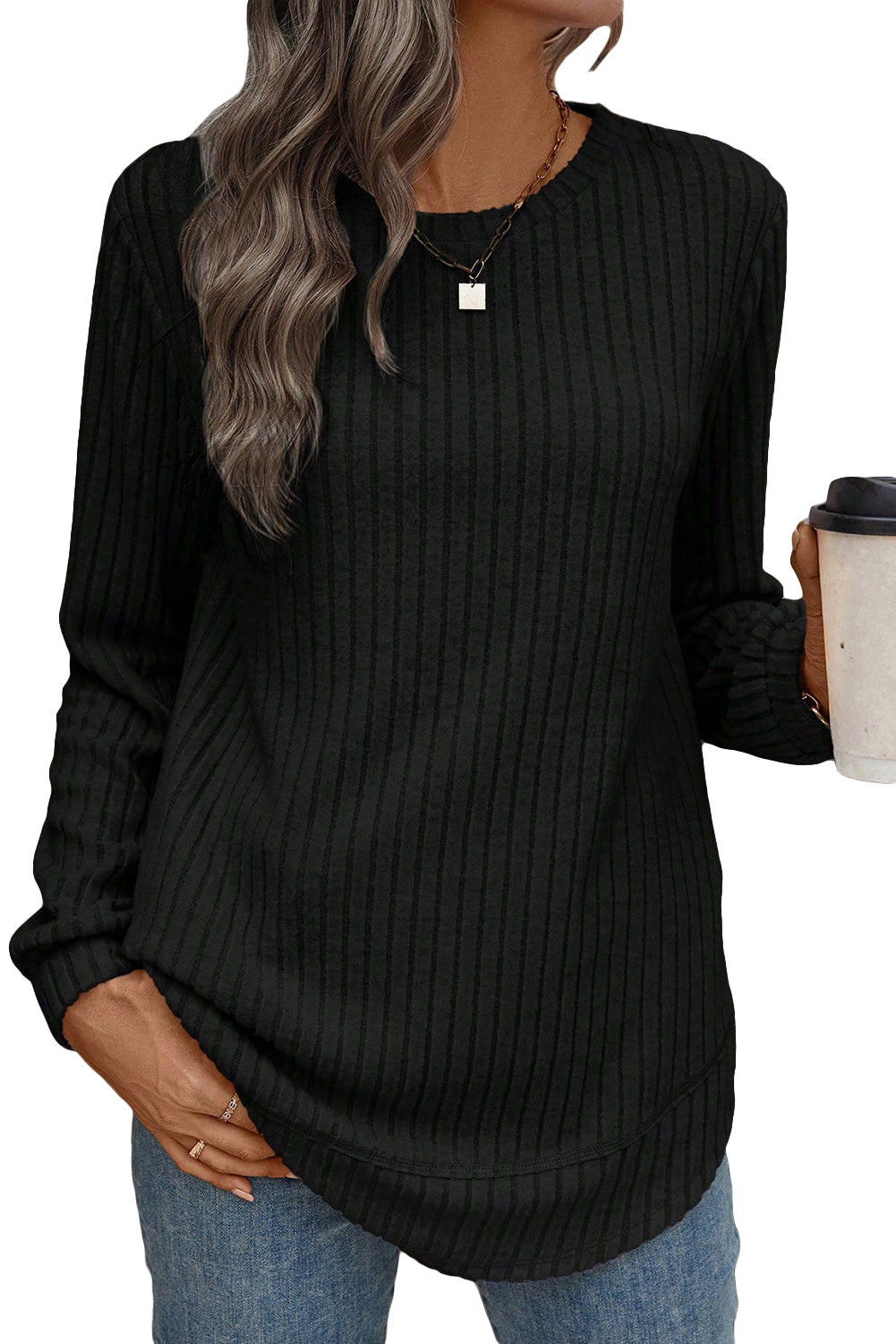 Black Ribbed Texture Round Neck Long Sleeve Rounded Hem Top Black 75%Polyester+20%Viscose+5%Elastane de79e44cc270c30a