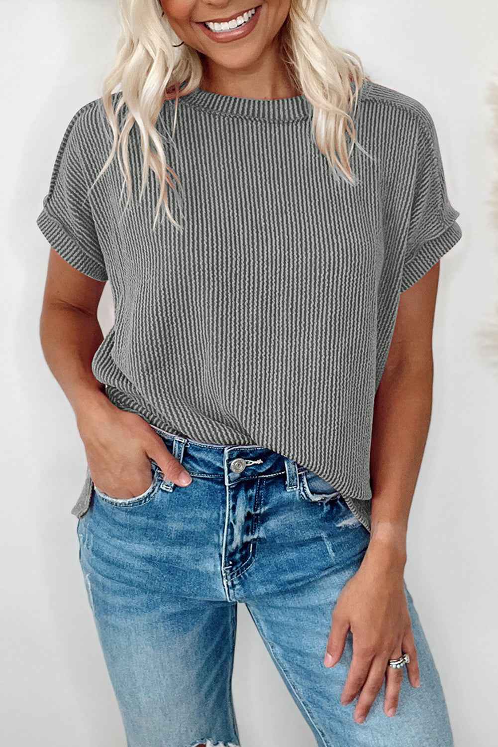 White Crinkle Rib Textured Knit Round Neck T Shirt Medium Grey de819060f7621172