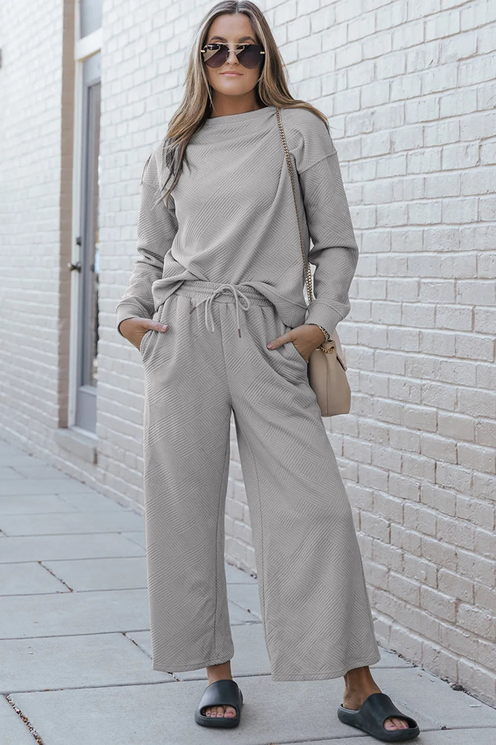Double Take Full Size Textured Long Sleeve Top and Drawstring Pants Set Light Gray de87424276eb4614afdbb568f4631ea0-Max