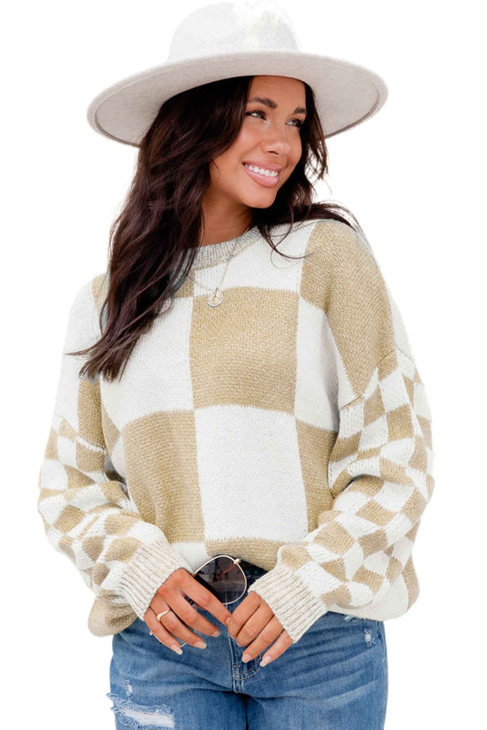 Flaxen Plaid Knitted Drop Shoulder Sweater de891a58d524bbe4