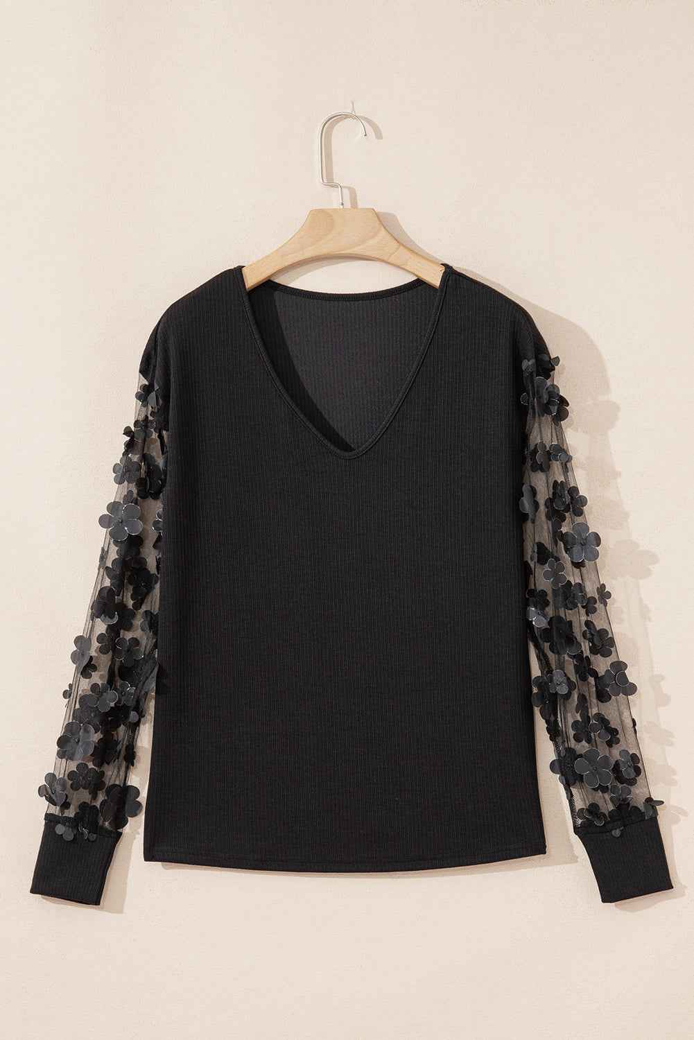 Black Flower Applique Mesh Long Sleeve V Neck Top de8d10c26e1d9036