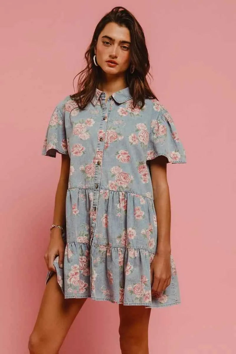 BiBi Floral Print Washed Lightweight Tiered Shirt Dress LT DENIM de924c289c6841229c967339daf9d355-Max-Origin