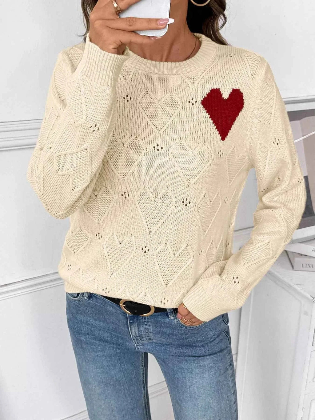 Openwork Heart Round Neck Sweater Apricot de950beed69f47ce8ad7221ef8c59a22-Max-Origin