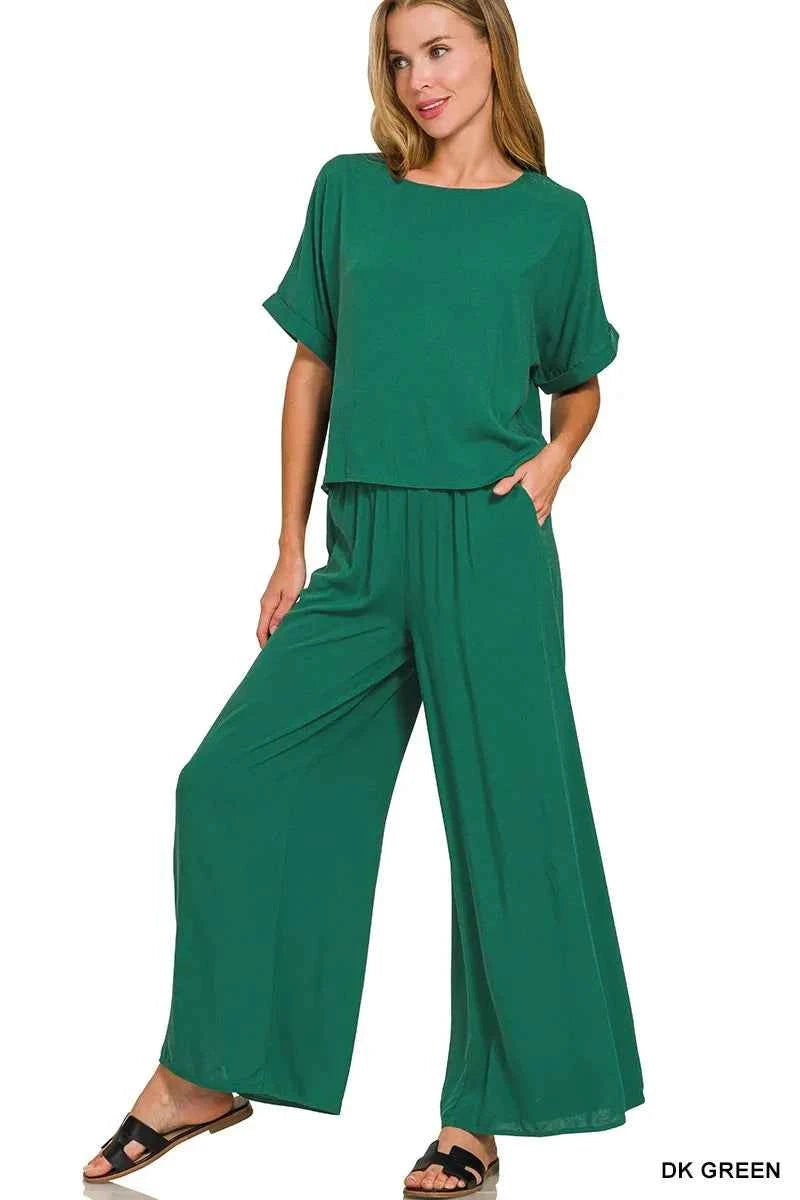 Zenana Round Neck T-Shirt and Wide Leg Pants Set DK GREEN dea8937adc374a8b8e975b12a7da6a0e-Max-Origin