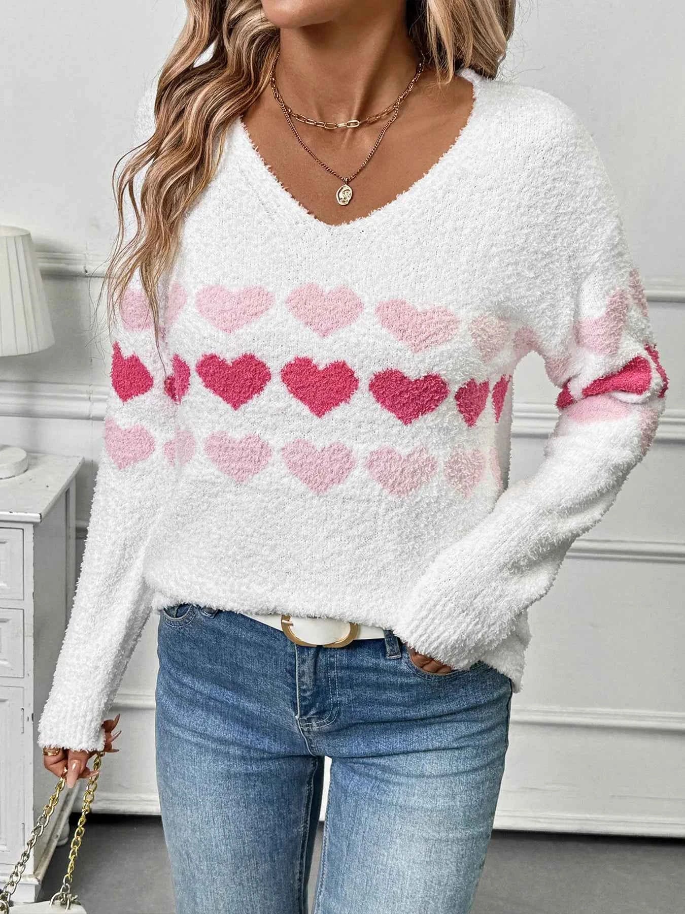 Heart Pattern V-Neck Sweater deb1164c3be2479d9c8acaa7961f658c-Max-Origin