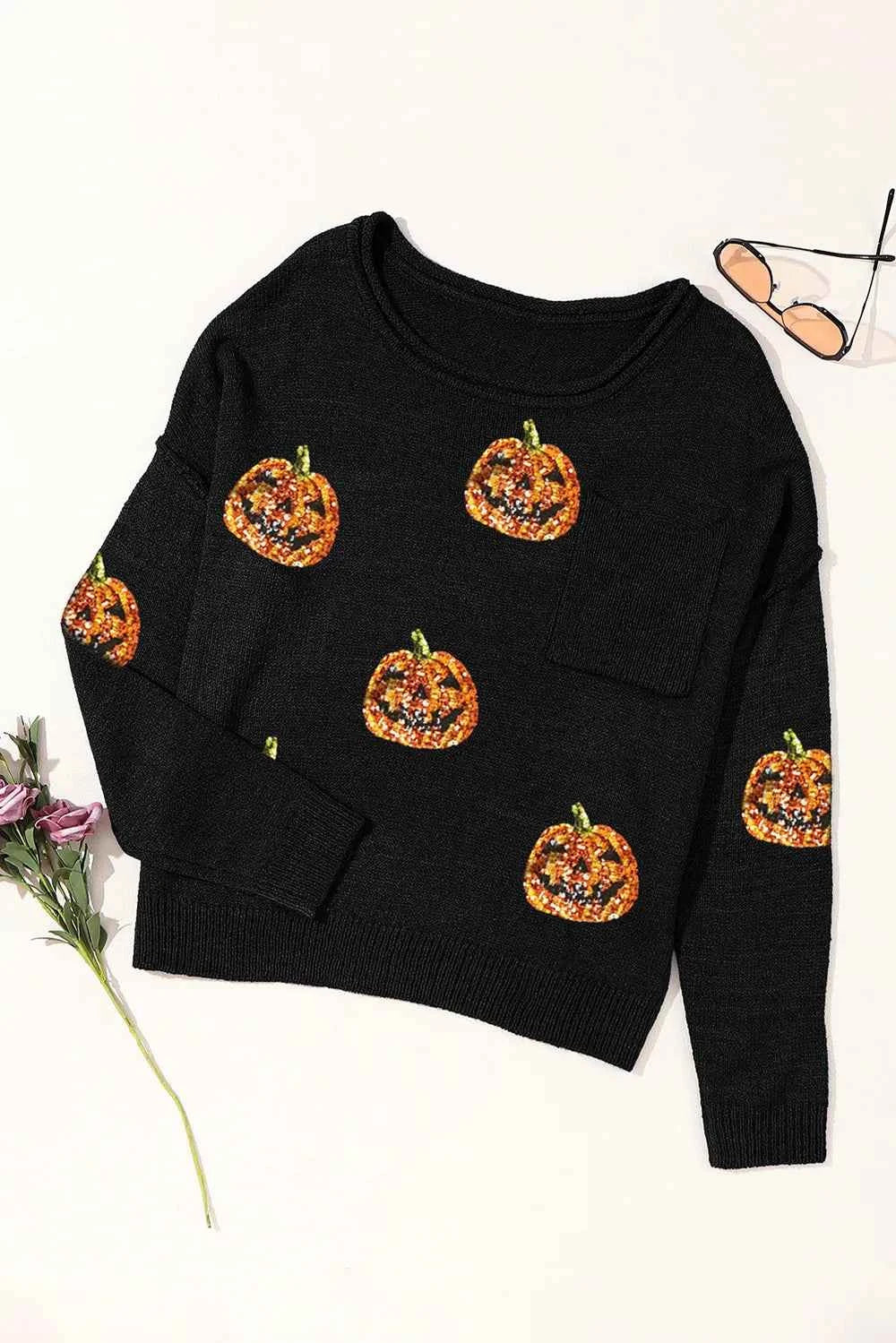 Pumpkin Round Neck Long Sleeve Knit Top decd8741-675d-42cc-8663-617da196e509-Max