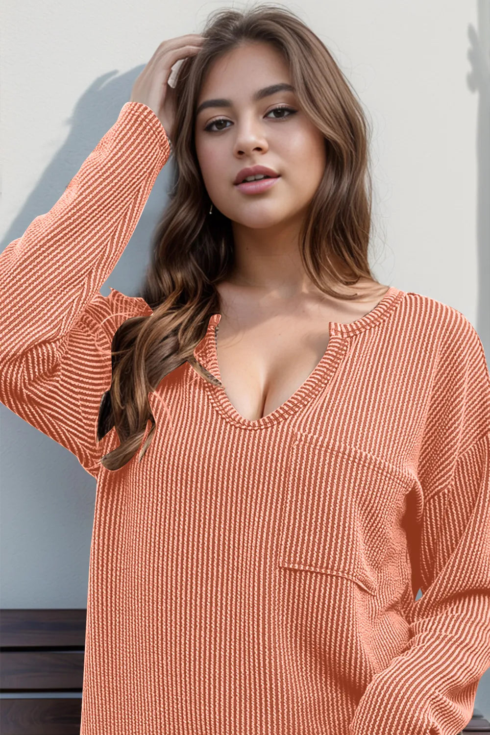 Double Take Striped Notched Long Sleeve T-Shirt Tangerine dee33834-b7e2-4fb2-96c9-286b4267dfd5-Max