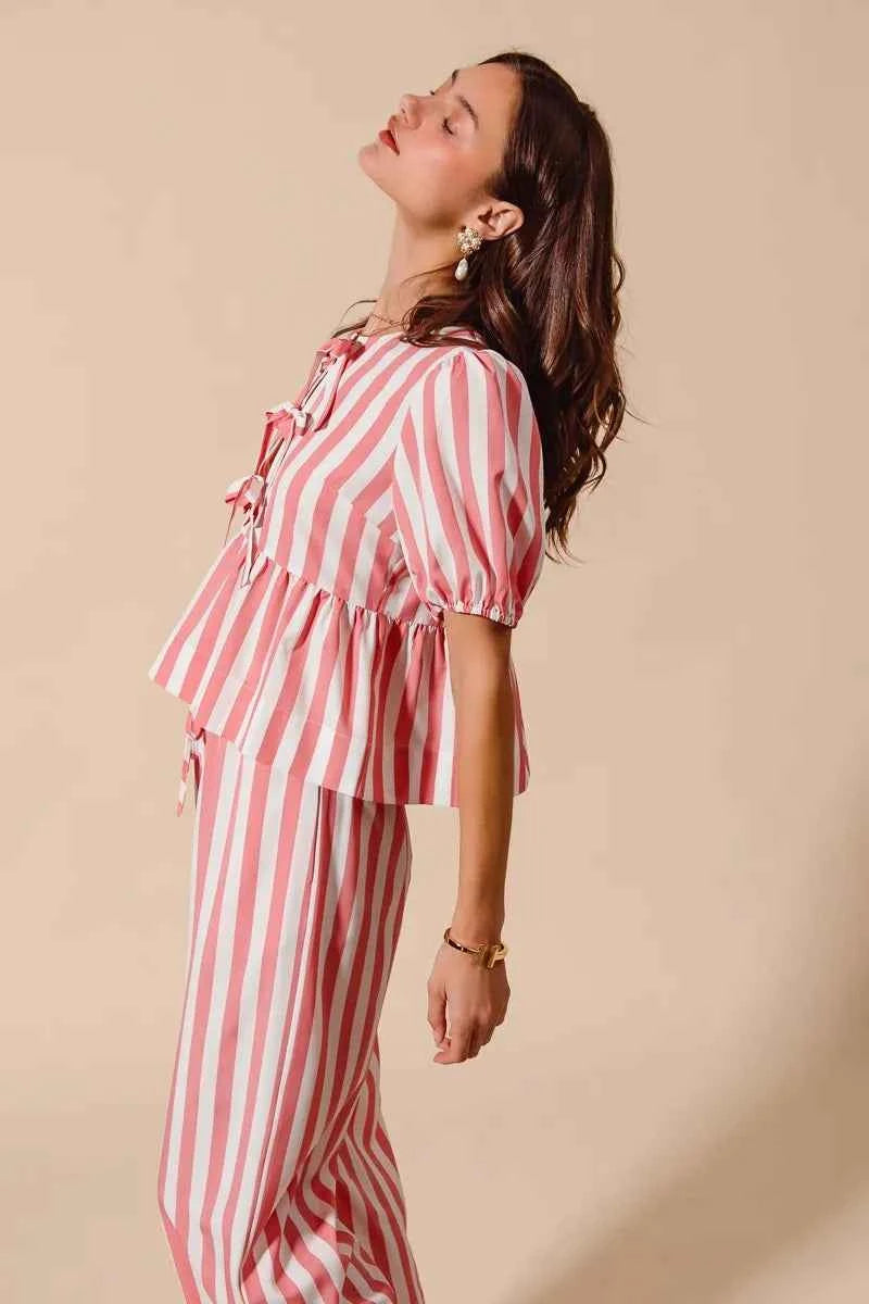 SO ME Front Tie Stripe Top With Puff Sleeves and Wide Leg Pants Set dee99d8c259349bb8bde9a7b8dedbbd4-Max-Origin