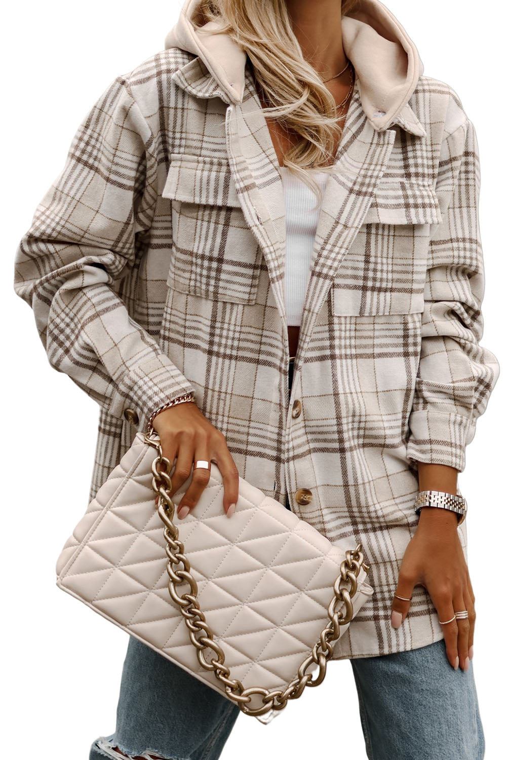Khaki Plaid Removable Hooded Button Up Jacket Khaki 100%Polyester def83c8c5d50b341