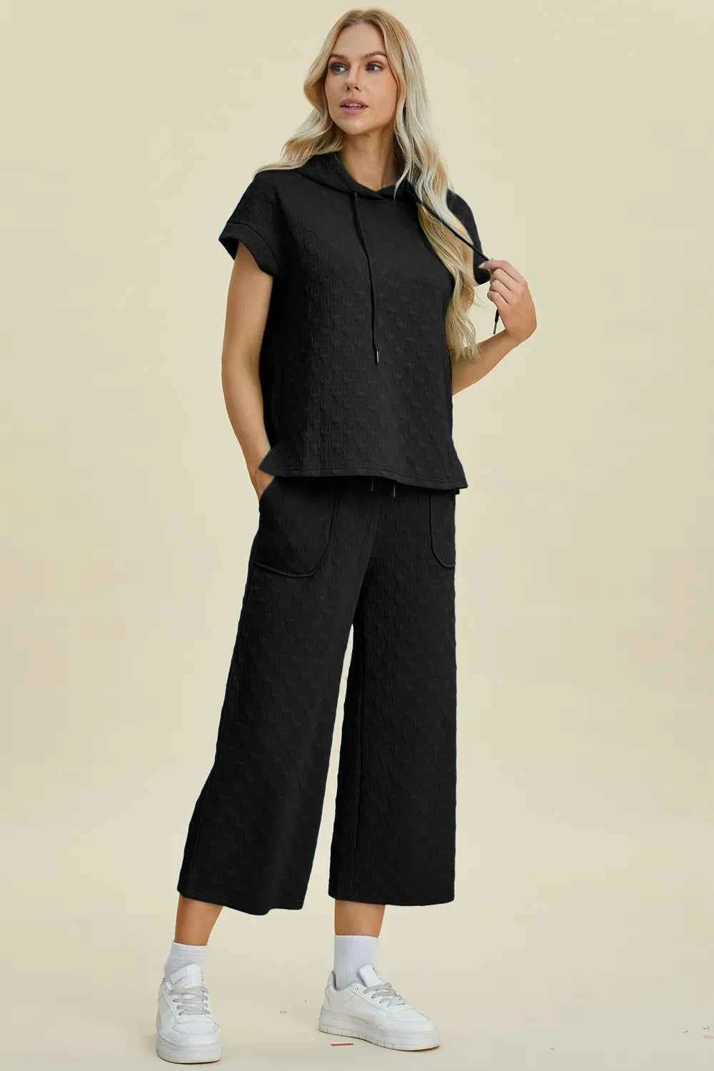 Double Take Full Size Texture Drawstring Short Sleeve Hoodie and Pocketed Pants Set df09b921-186f-4ed5-81b7-3412f08c27f6-Max