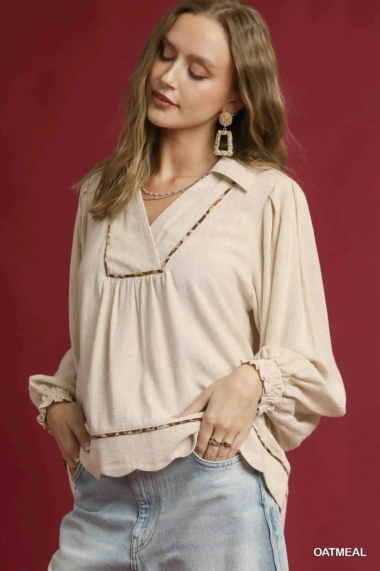 Umgee Full Size Linen Scallop Hem Blouse with Contrast Trim Plus Size df09c544-9298-4d3b-ad64-078b1cb16e13-Max-Origin