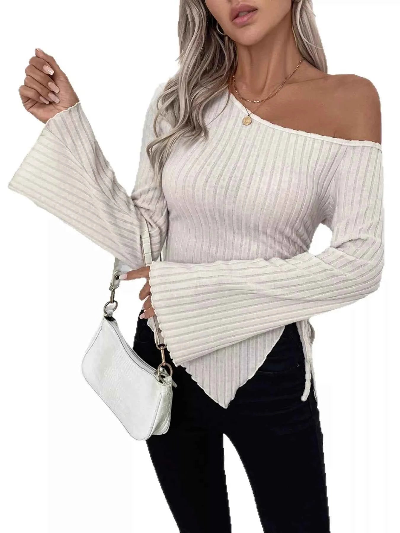 Ribbed One Shoulder Asymmetrical Hem T-Shirt df0d268f8a2249df8c4c234870f01e92-Max-Origin