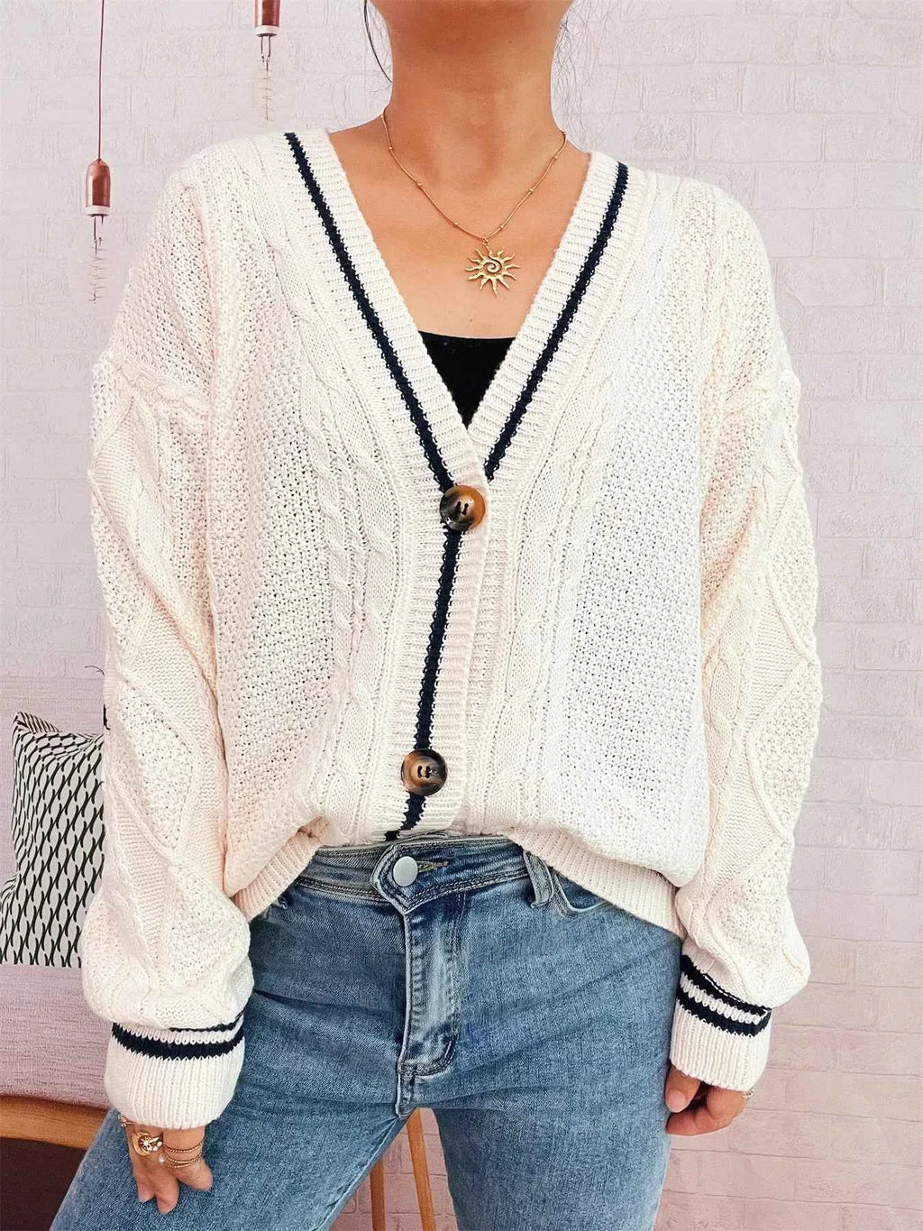 Star Pattern Button-Up Cardigan with Contrast Trim df491cac45744f4297055f7db0ce9f04-Max-Origin