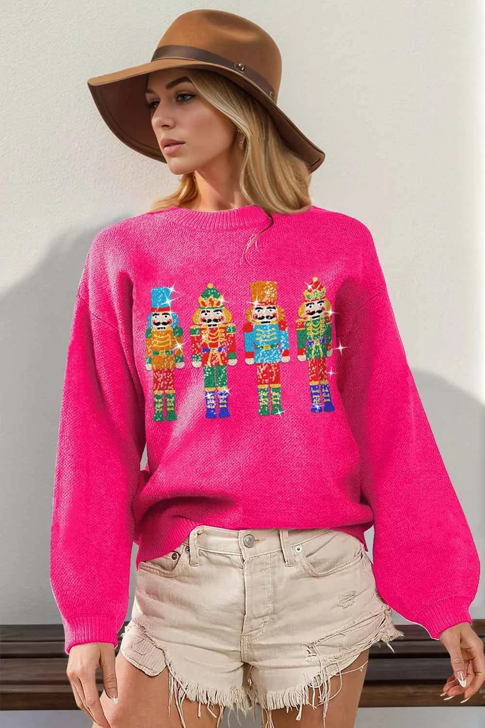Double Take Full Size Sequin Nutcracker Long Sleeve Sweater Hot Pink df4f9ce0-79a8-4bf4-b26f-0c0da3dea57a-Max