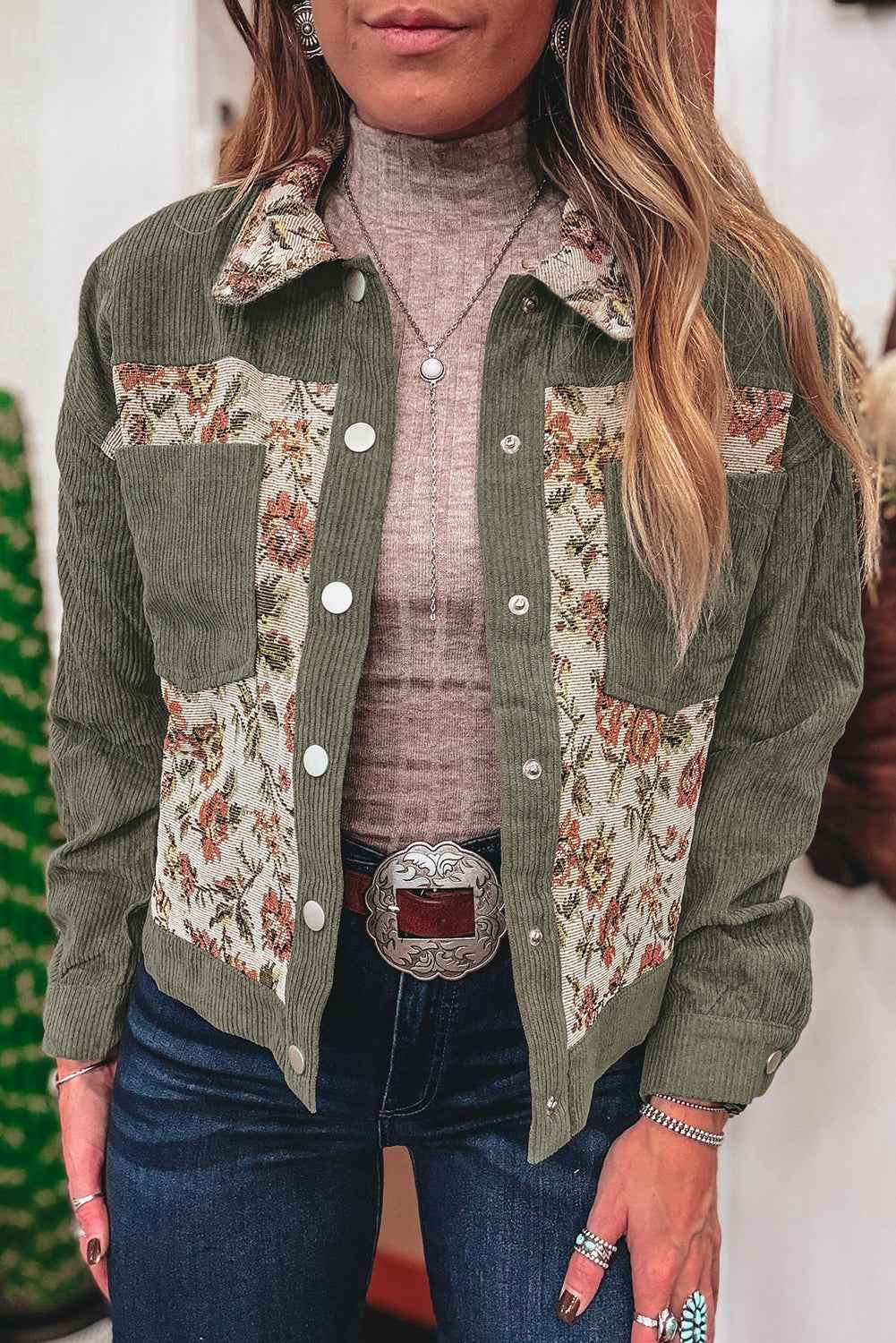 Medium Grey Ribbed Retro Floral Patchwork Jacket Sage Green 100%Polyester df539e38afaffebb
