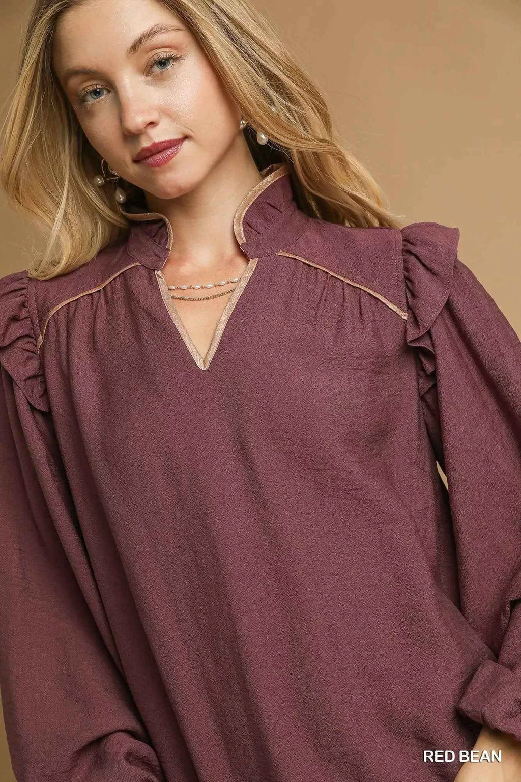 Umgee Ruffle Shoulder Long Sleeve Blouse df5a07a0-b3e7-41ef-9d28-5aea8596cdf8-Max-Origin