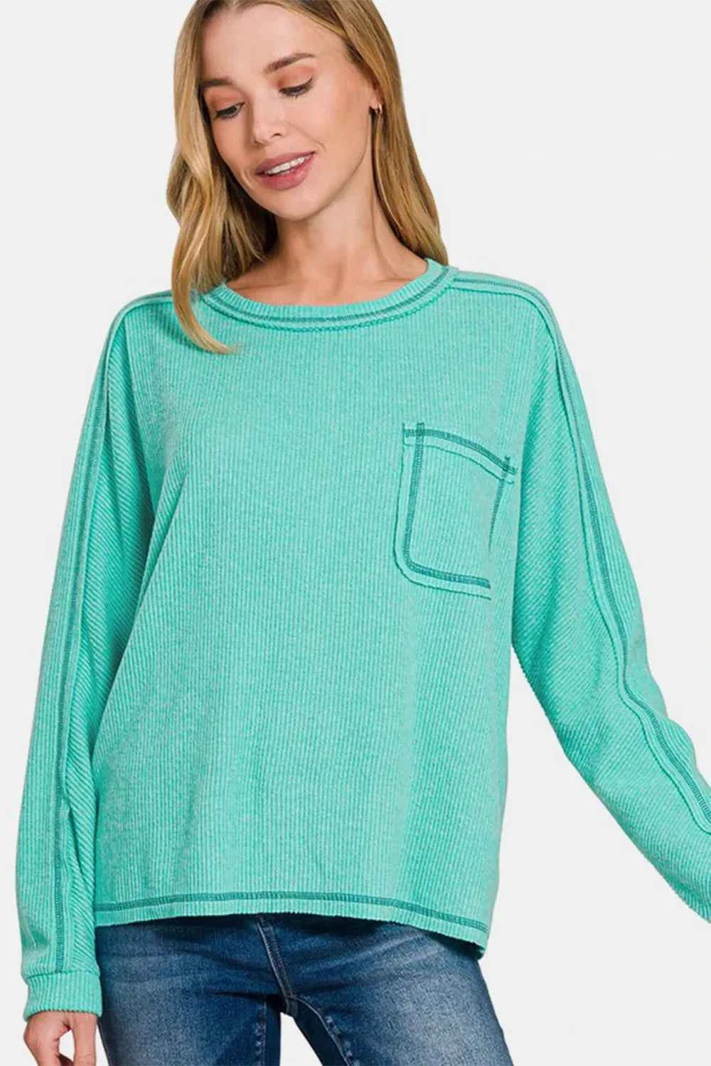 Zenana Full Size Contrast Stitching Brushed Ribbed Hacci Knit Top Plus Size Turquoise df5ec8c6-a7cb-4116-88e9-b86682f9c264-Max