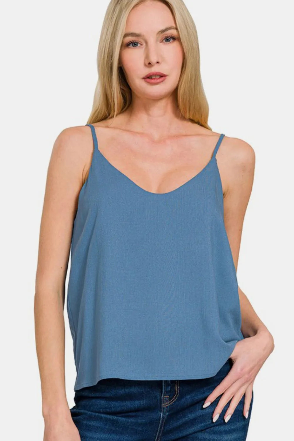 Zenana Two Layered Spaghetti Strap Cami Dusty Blue df7407cb-e312-4312-9b2b-aa6ba13d661c-Max