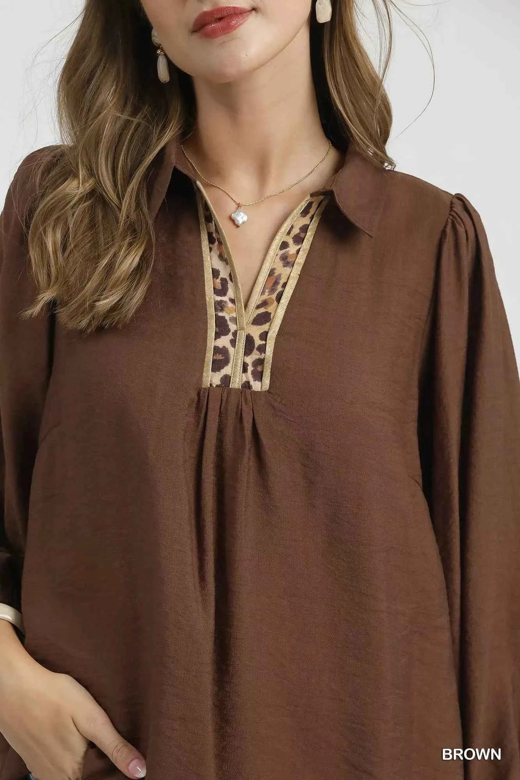 Umgee Long Sleeve Blouse with Leopard Print Trim df791990-1674-40e4-8277-ccab146d8395-Max-Origin