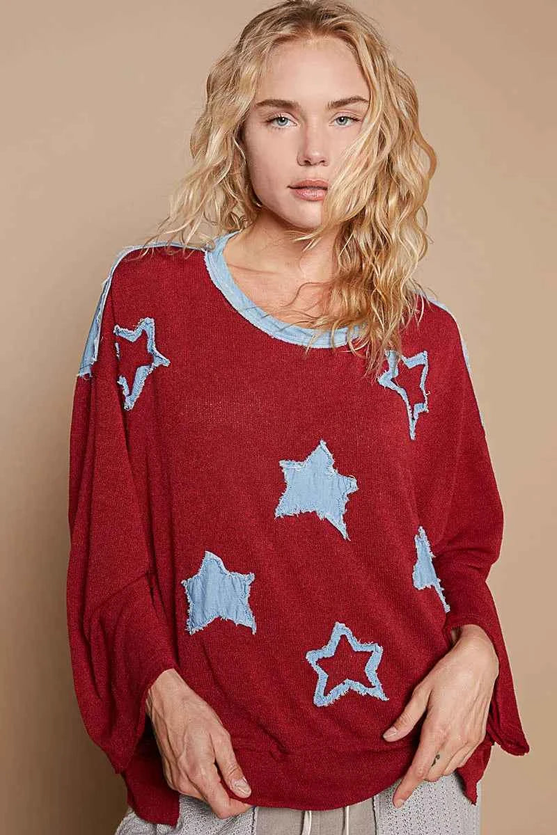 POL Exposed Seam Relaxed Fit Sweater with Star Denim Patch DARK RED df7a34ad-ec4d-4433-bff2-7fe39ef1fb6a-Max-Origin