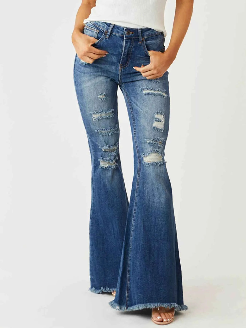 Distressed Raw Hem High-Waisted Flare Jeans df8a8621d2e74de8a700b008d6b6a15b-Max-Origin