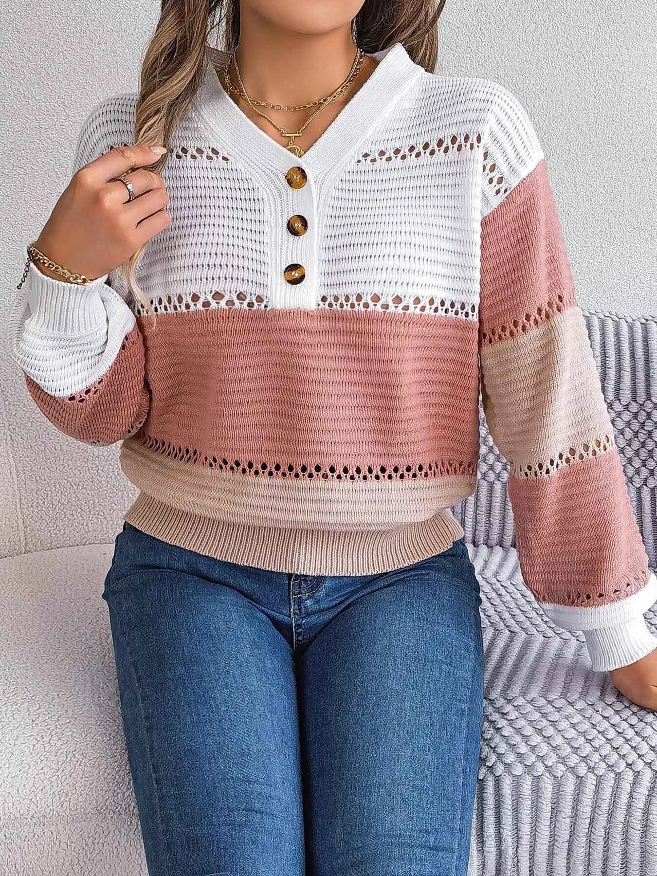 Color Block Striped V-Neck Button Detail Sweater df8c7a935b3a4cb0b117106b02b1bb5b-Max-Origin