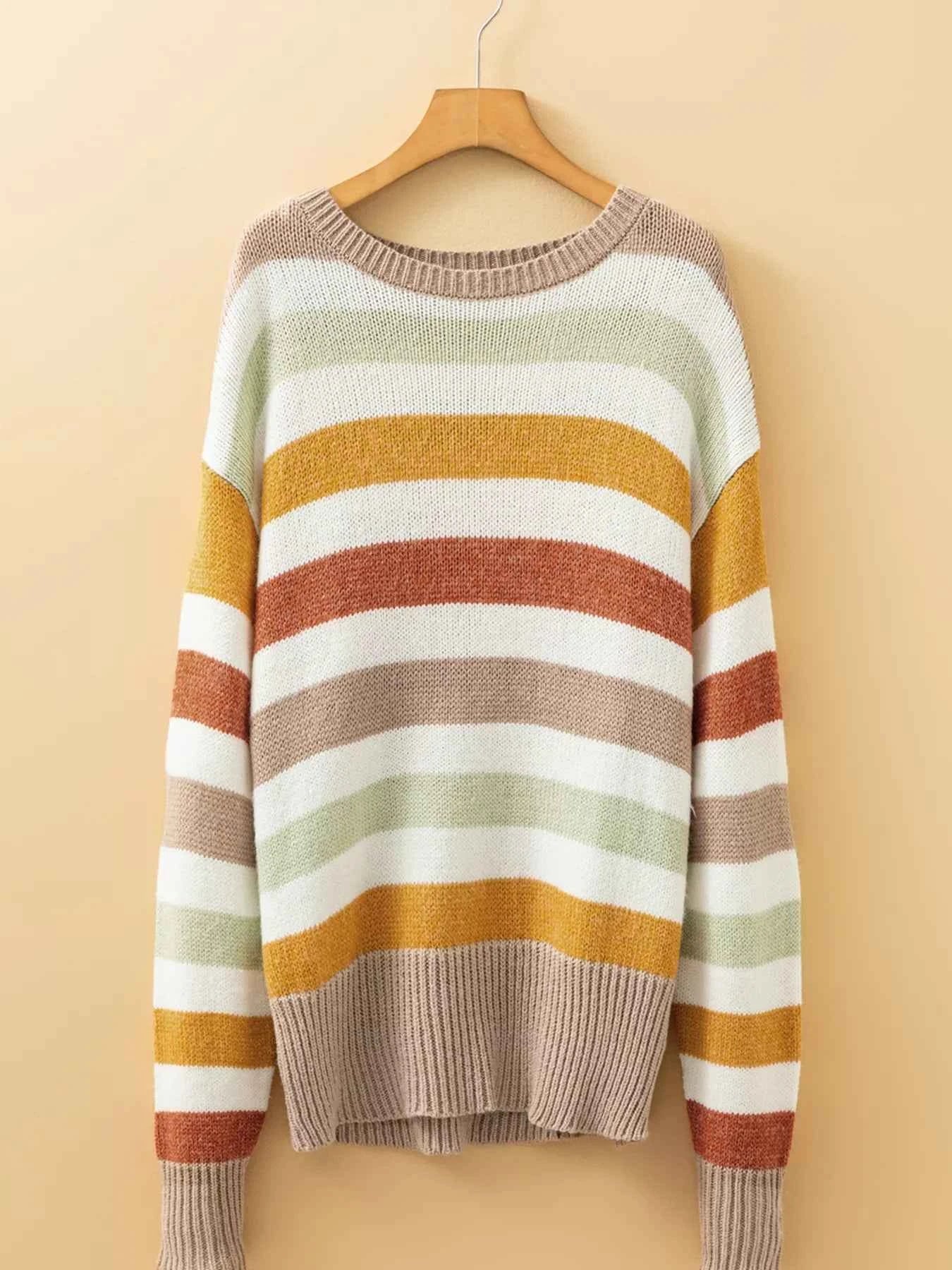 Multicolour Stripe Drop Shoulder Crew Neck Sweater df8e455b3e5c4f768020284b3c332cea-Max-Origin