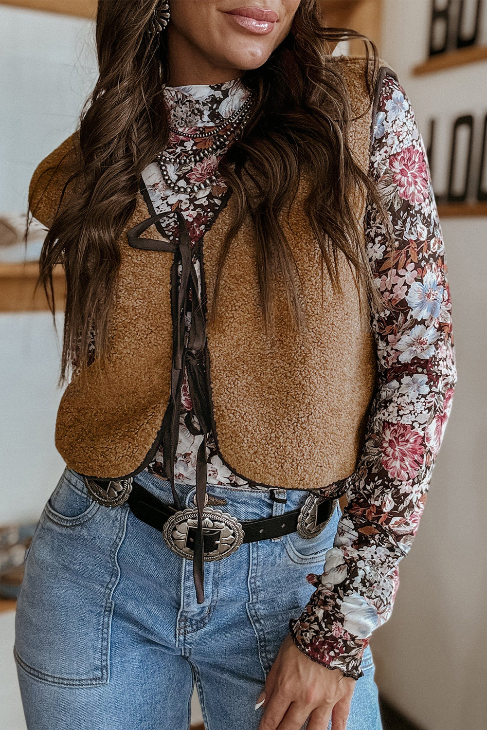 Light French Beige Fleece Tie Front Winter Vest df914a8b2c88ecf3