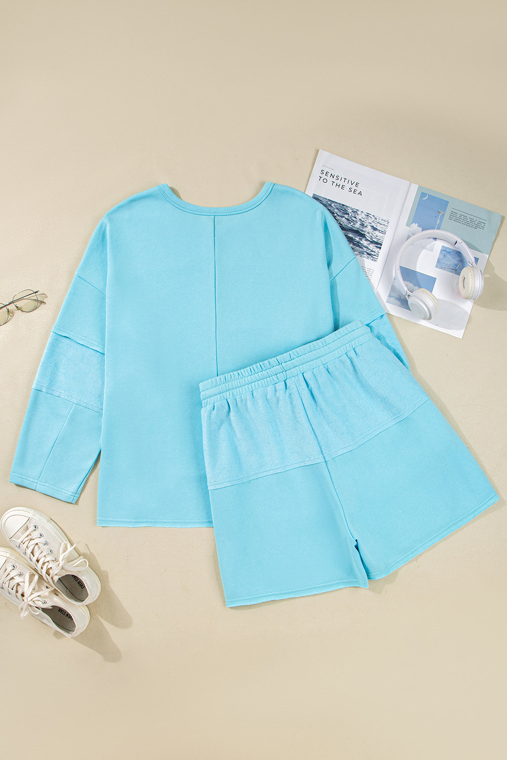 Aruba Blue Solid Color Pullover Top Plus Size Raw Hem Shorts Set dfb72b0af4df127a