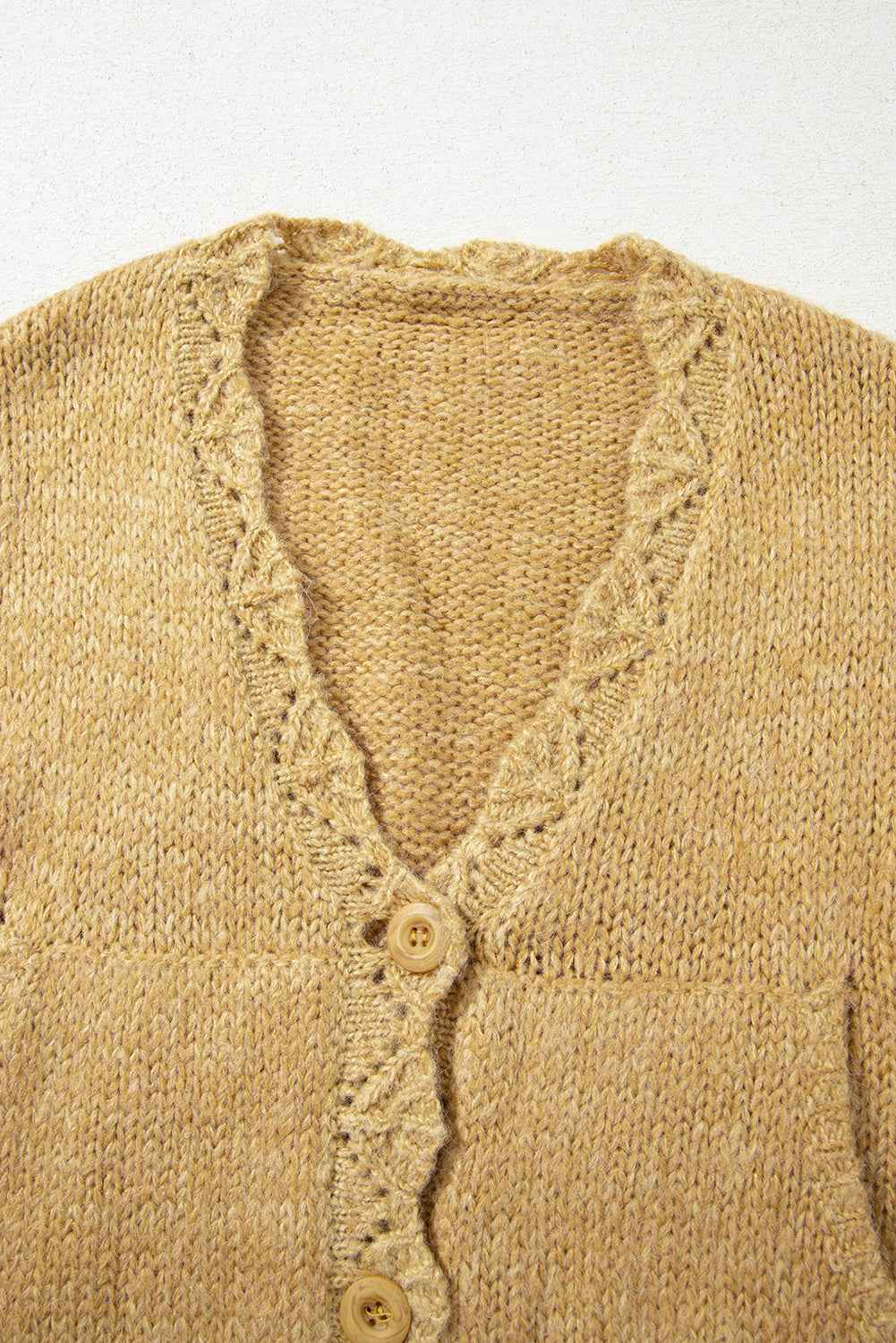 Light French Beige Lantern Sleeve Scallop V Neck Buttoned Front Cardigan dfc4b9ef4a96fadf