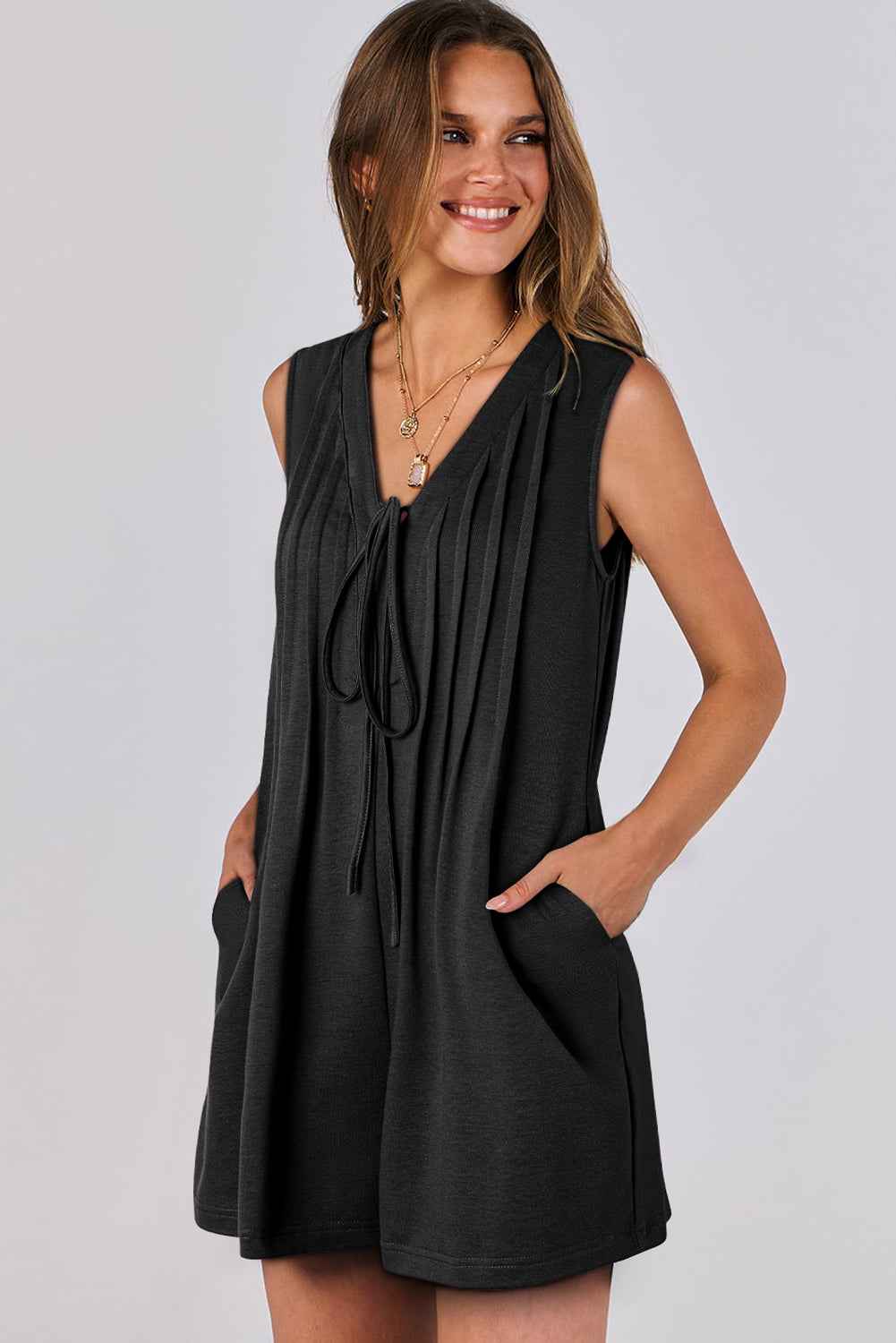 Black Tie V Neck Pleated Sleeveless Loose Romper dfc5c6f591afd297