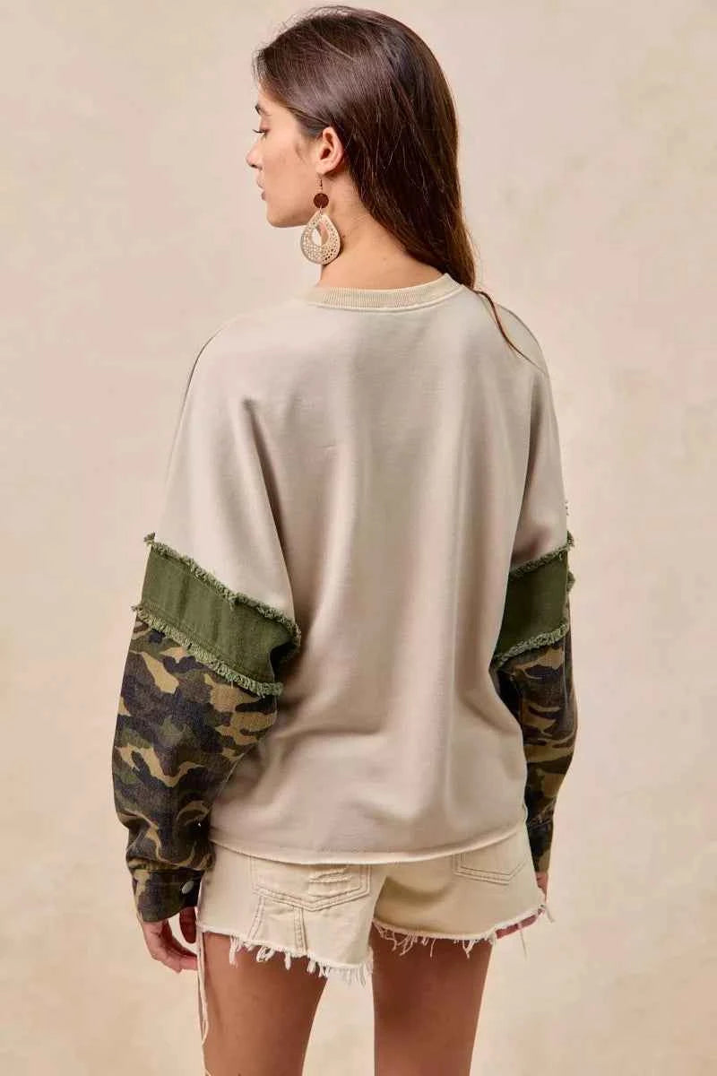 BiBi Camo Sleeve French Terry Top with Frayed Edge dfdd77b83c654b1b9b51dead5edd42a6-Max-Origin