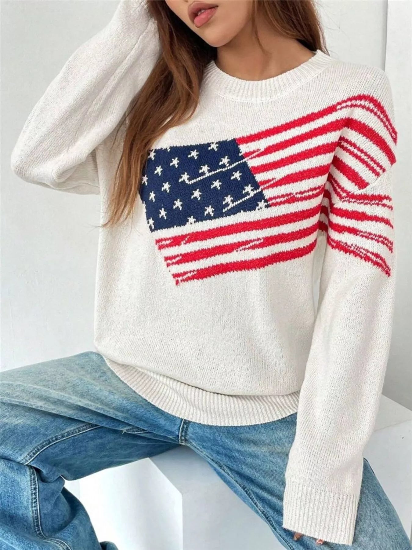 US Flag Round Neck Long Sleeve Sweater dfe8ca334f0d4d93b4860792c8cc64eb-Max-Origin