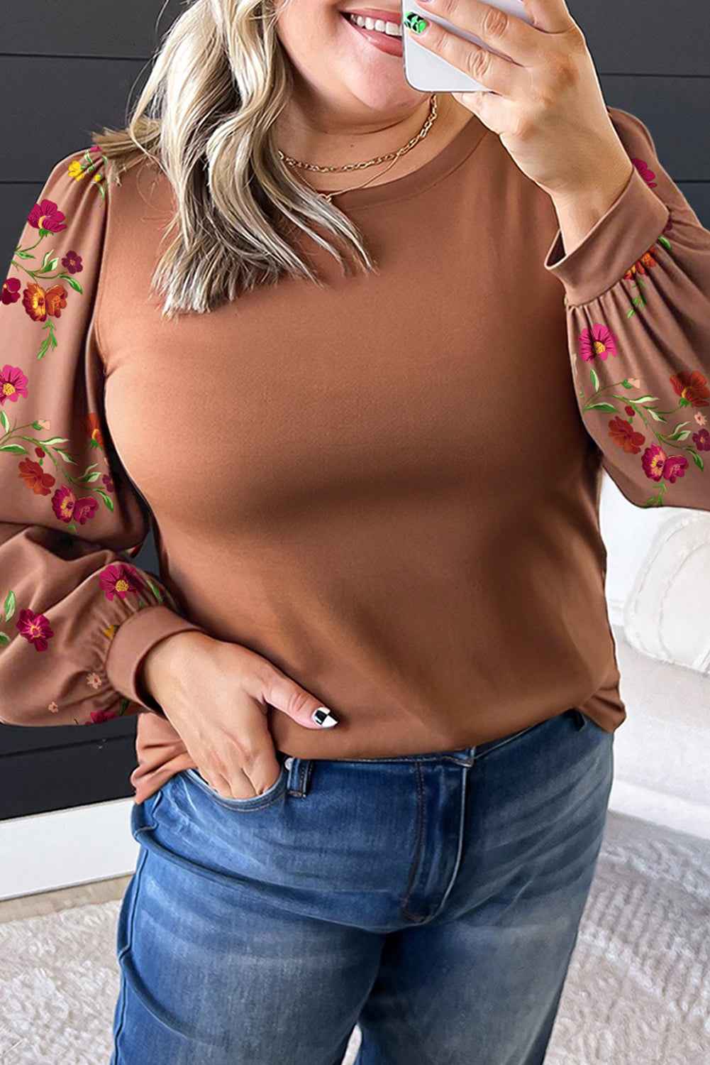 Brown Floral Puff Sleeve Round Neck Plus Size Blouse Brown 65%Polyester+30%Viscose+5%Elastane dfeb33b1711e4c86