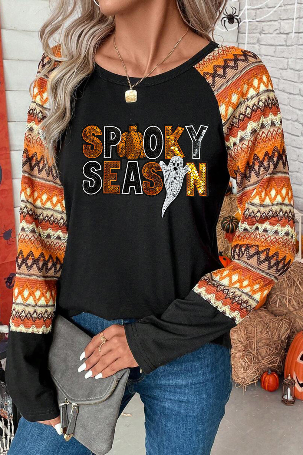 Orange SPOOKY SEASON Sequins Patch Contrast Long Sleeve Top dff4db0f8327ed18