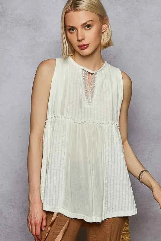 POL Lace Trim Round Neck Tank with Pintuck Detail White dff5f192-70ba-4c81-a32d-84415b0e070e-Max-Origin