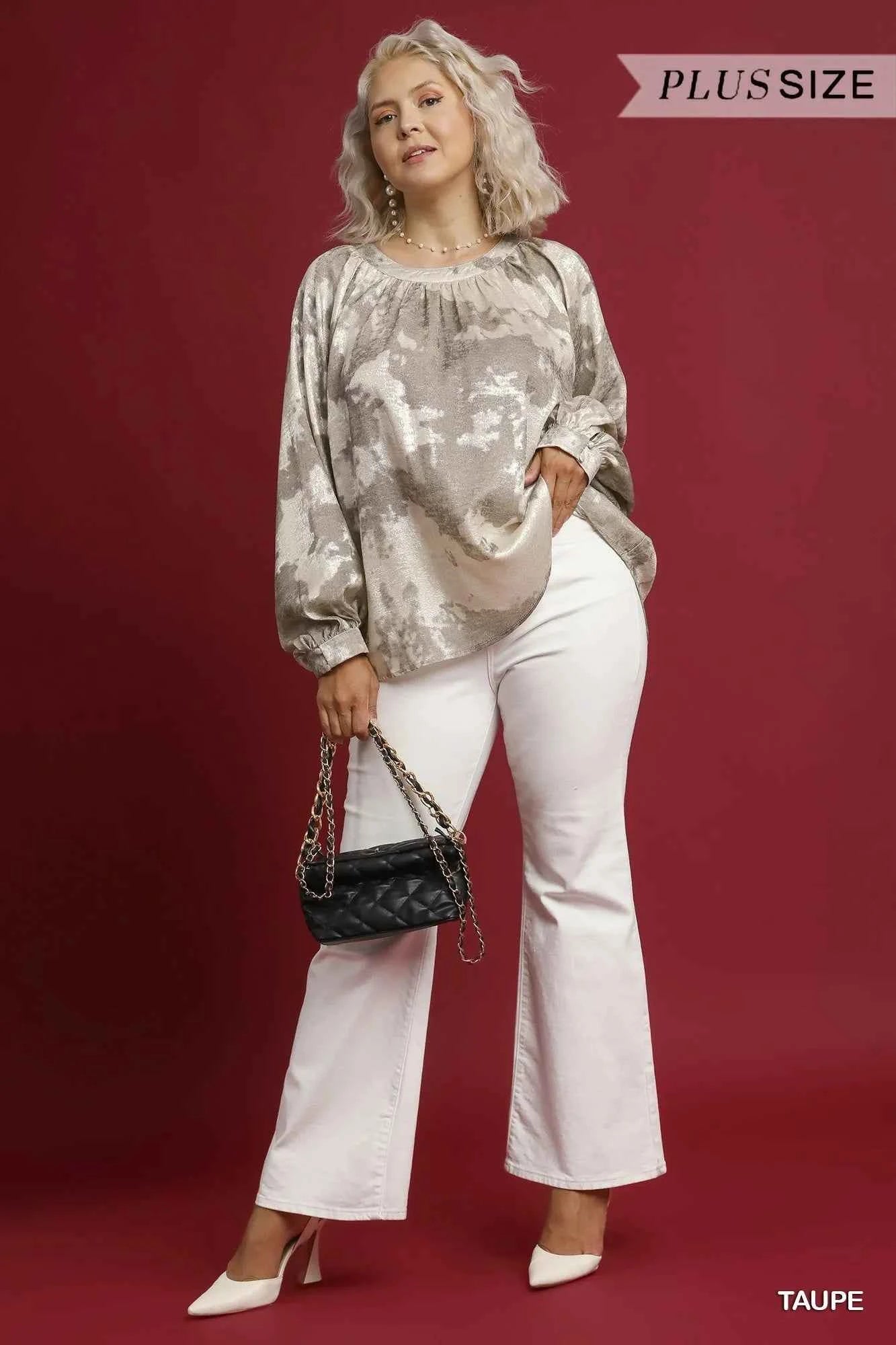 Umgee Full Size Metallic Fabric Blouse with Balloon Sleeves Plus Size e0132cc8-2081-412b-99d1-843958323167-Max-Origin