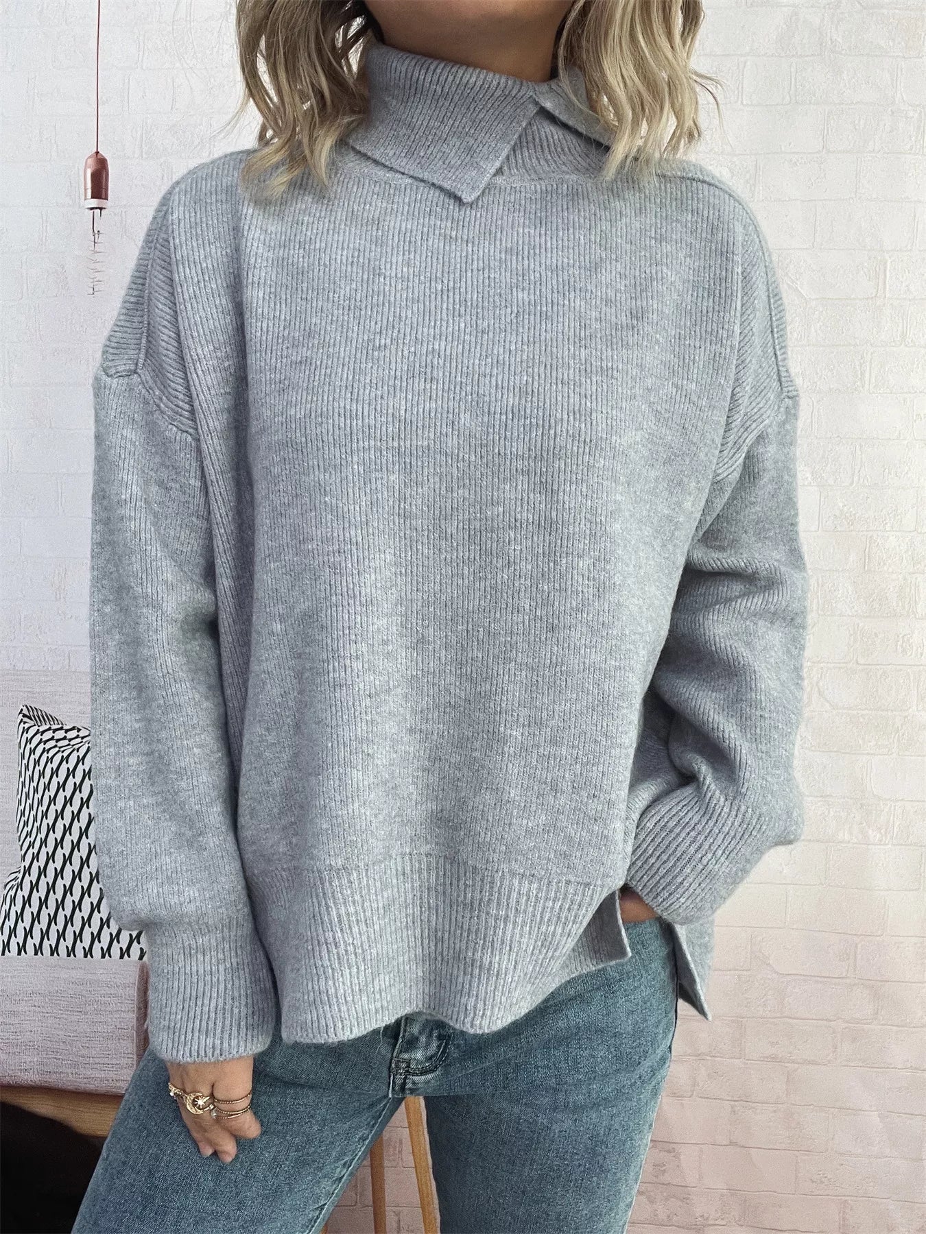 Slit Turtleneck Long Sleeve Sweater Light Gray One Size e016e7b7-3e5d-45cc-9b2d-af9398e88f0f-Max-Origin