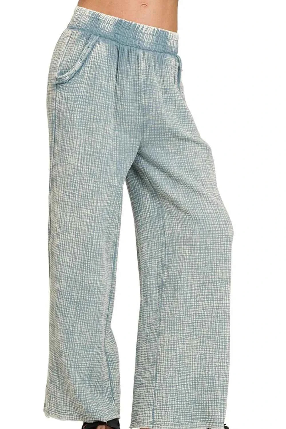 Zenana Washed Double Gauze Elastic Band Waist Pants BLUE GREY e03b4026-1589-4ed4-b7cd-0f79e49d4b4d-Max-Origin