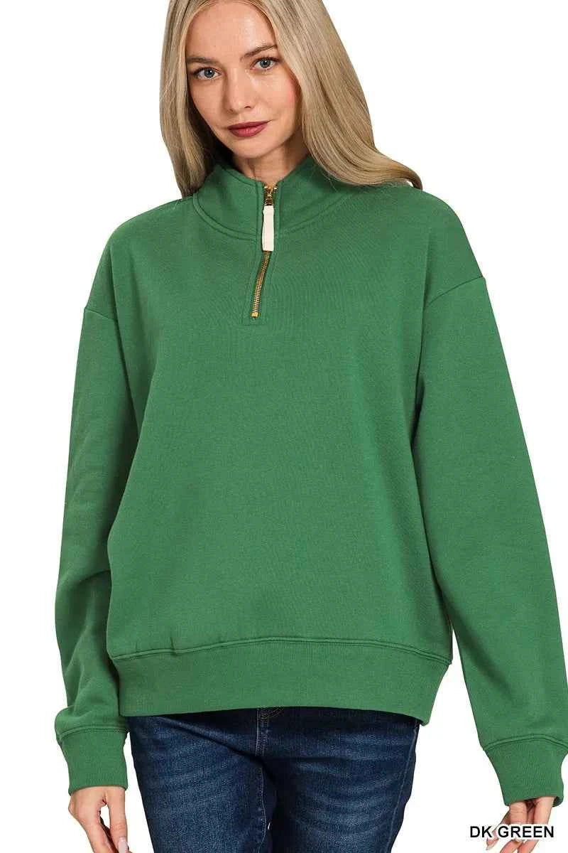 Zenana Fleece Half Zip Sweatshirt DK GREEN e03d421be9e54e43858e6b76b51c39ee-Max-Origin