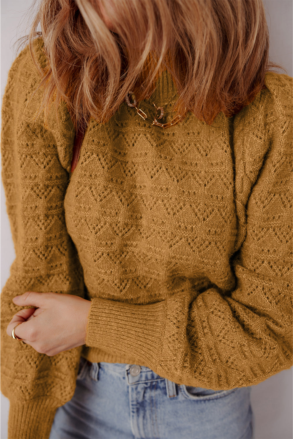Jurassic Gold Hollow Out Crochet Ribbed Edge Balloon Sleeve Sweater e03dfb5f92402316