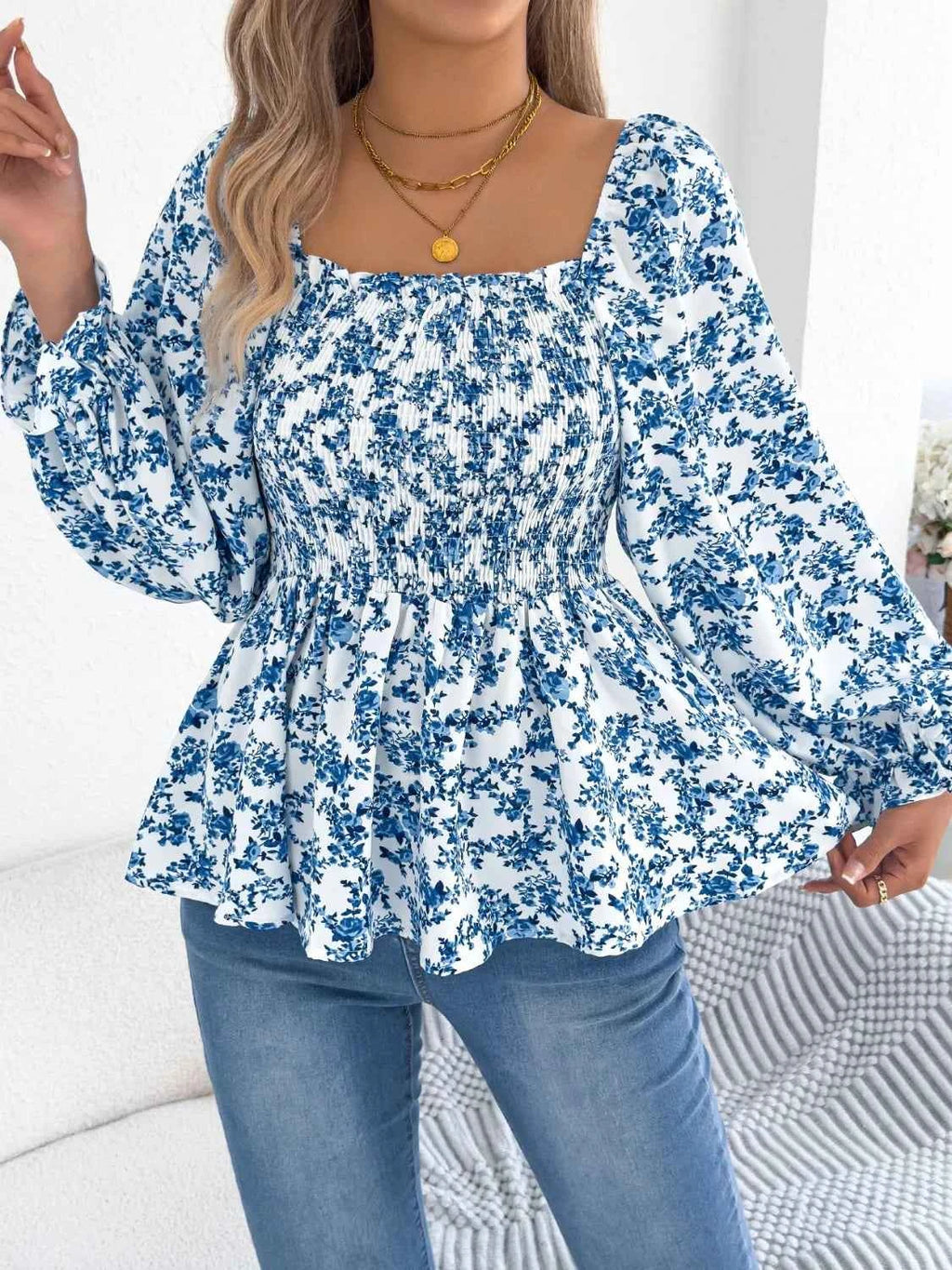 Floral Square Neck Flounce Sleeve Blouse e0410095-4a22-439c-8811-0805d02f16ac-Max-Origin